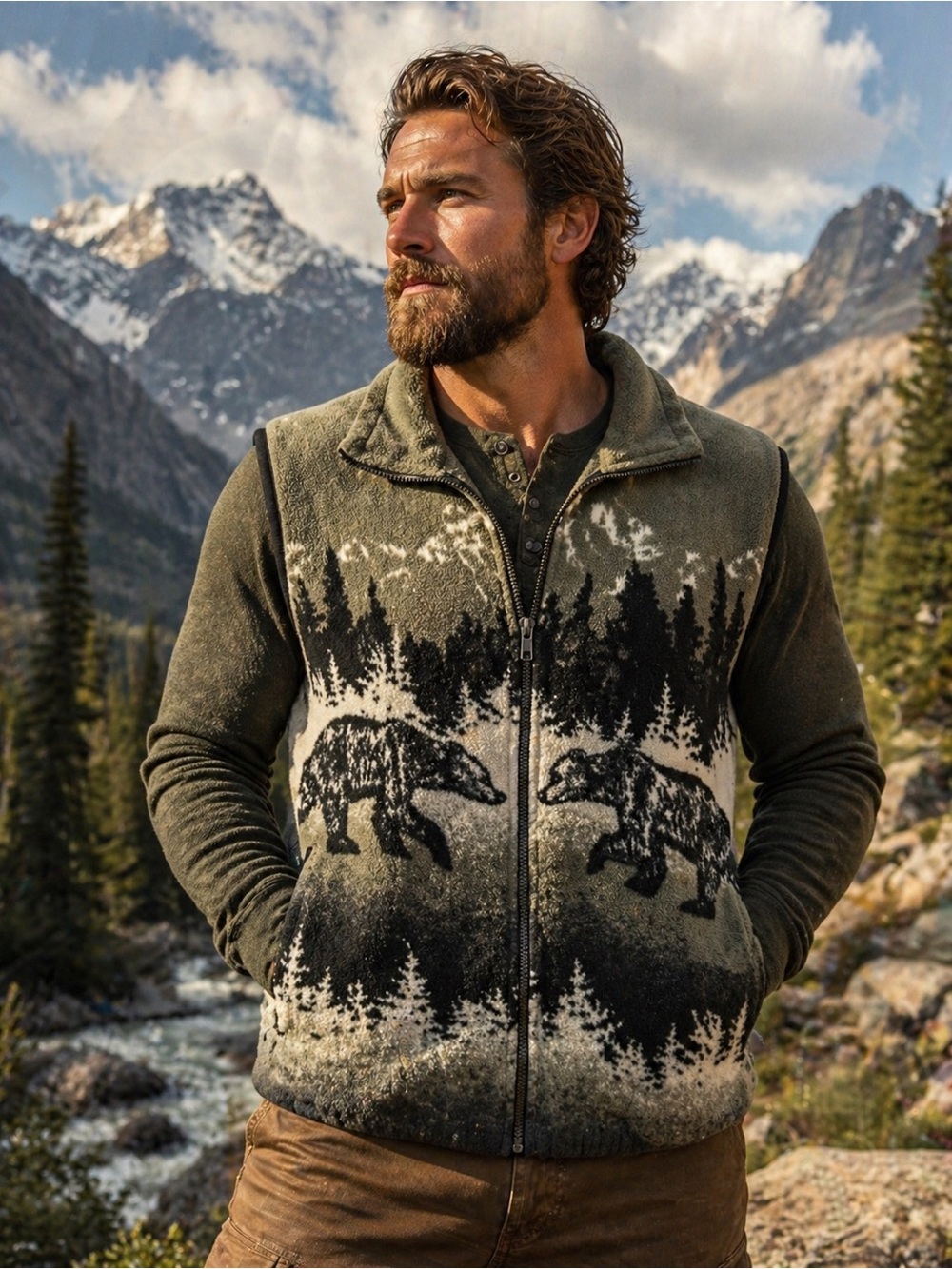 Bear Forest Zip-Up Fleece Vest in Olive and Black